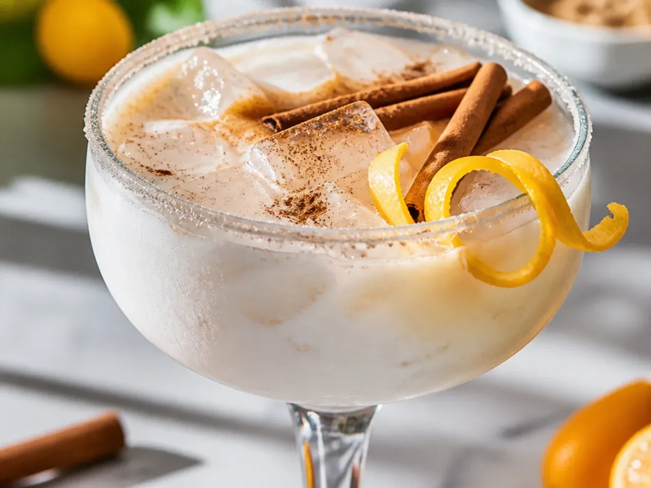 Creamy horchata rice milk punch in a glass with a cinnamon stick and cinnamon dusting