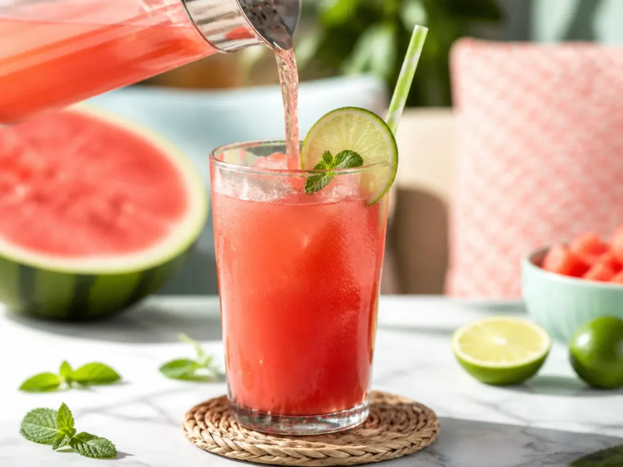 Pink watermelon lime agua fresca in a pitcher and glass with watermelon wedges