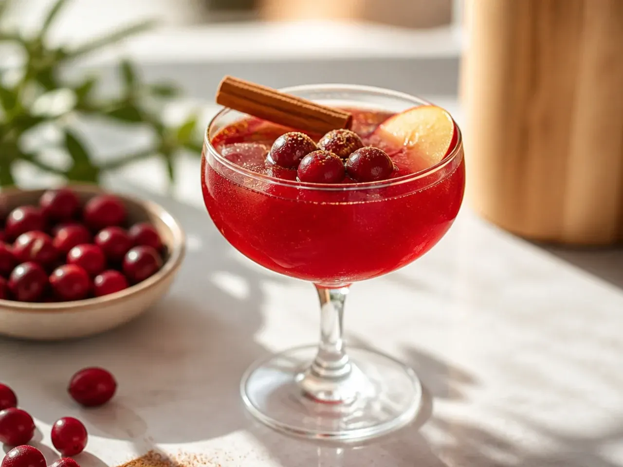 Mulled cranberry cider in a mug with cinnamon sticks and star anise, steam rising