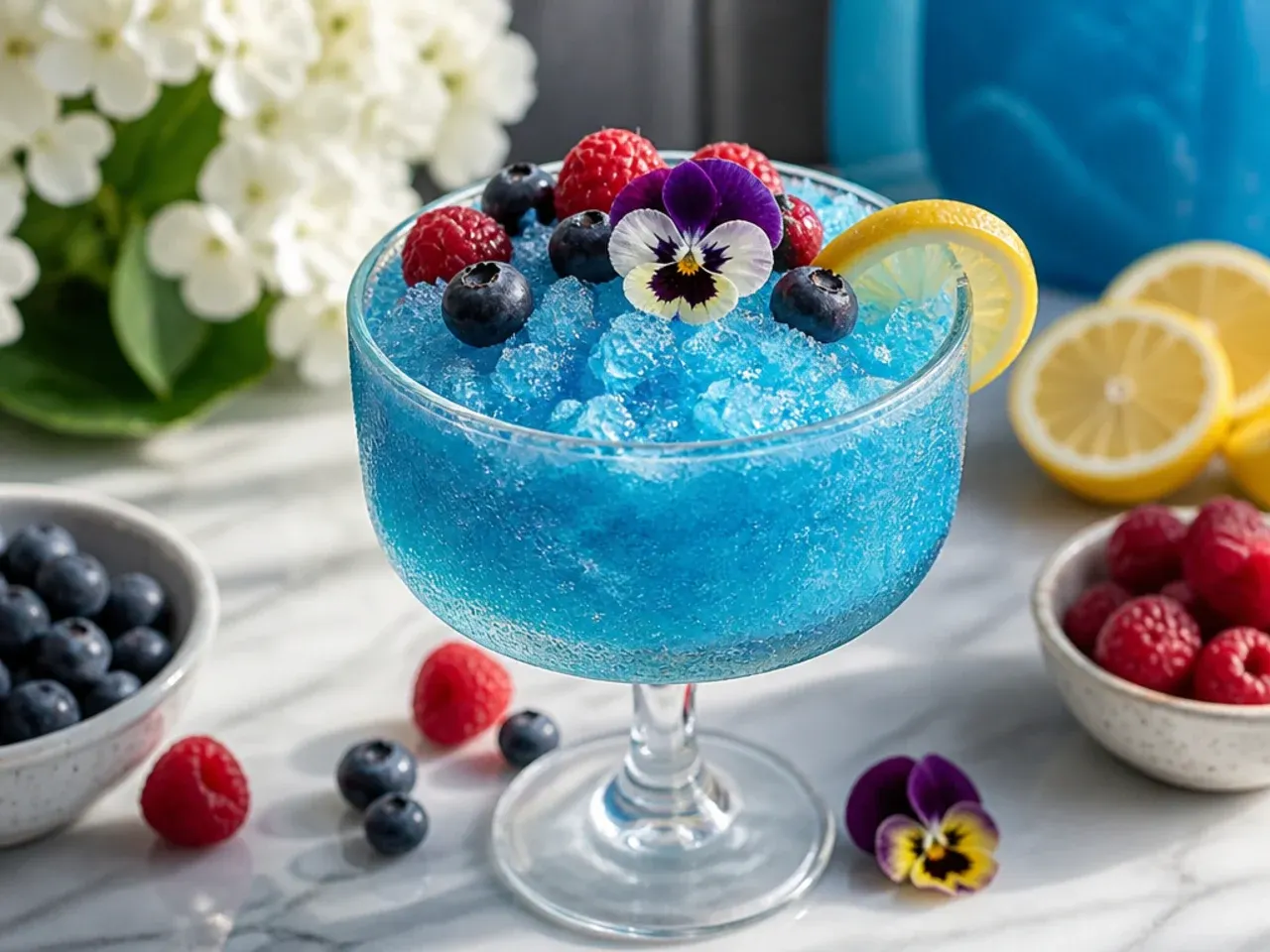 Bright blue raspberry slushie punch in cups with gummy candy garnish