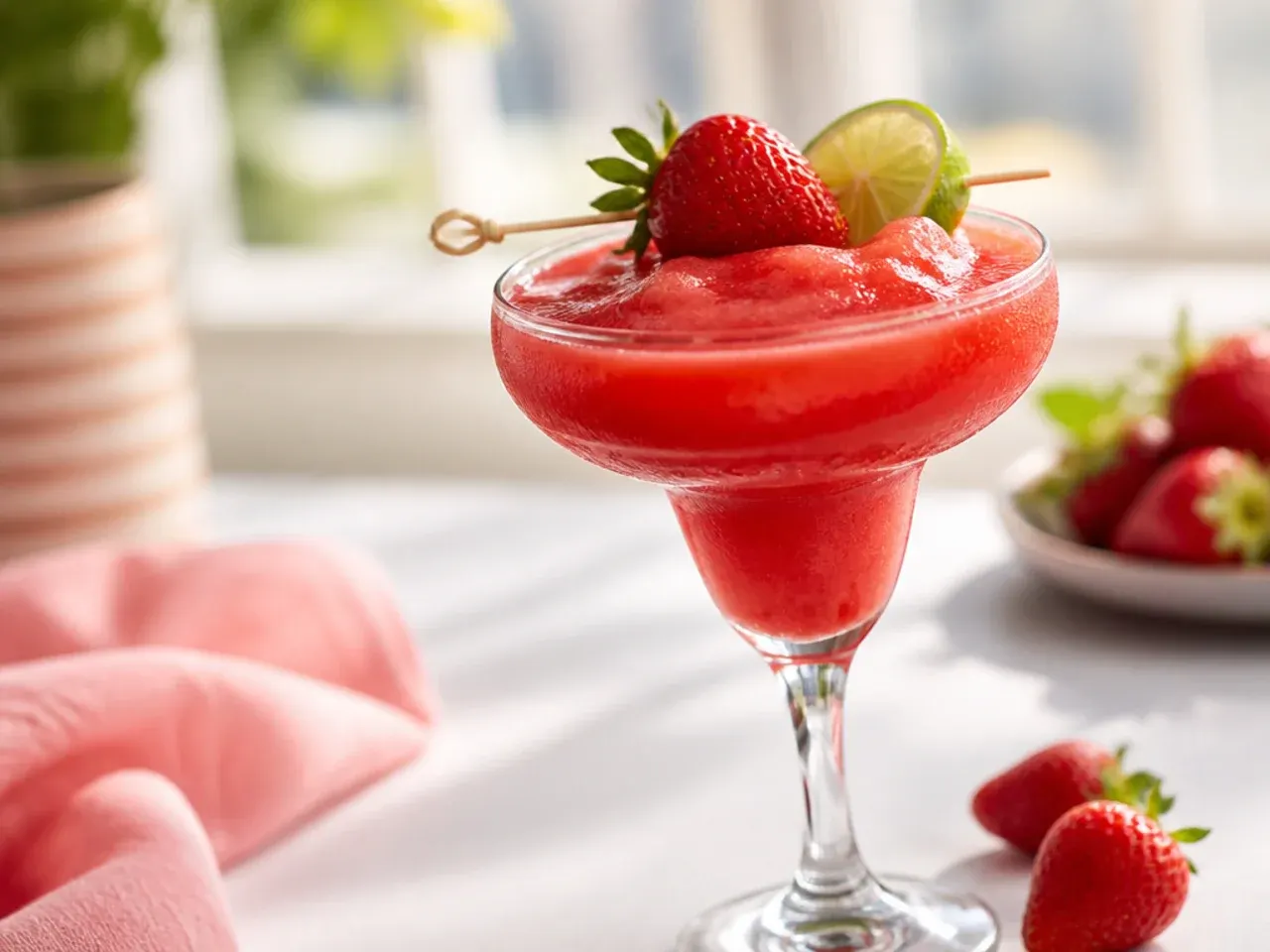 Frozen strawberry daiquiri mocktail in a sugar-rimmed glass with a strawberry garnish