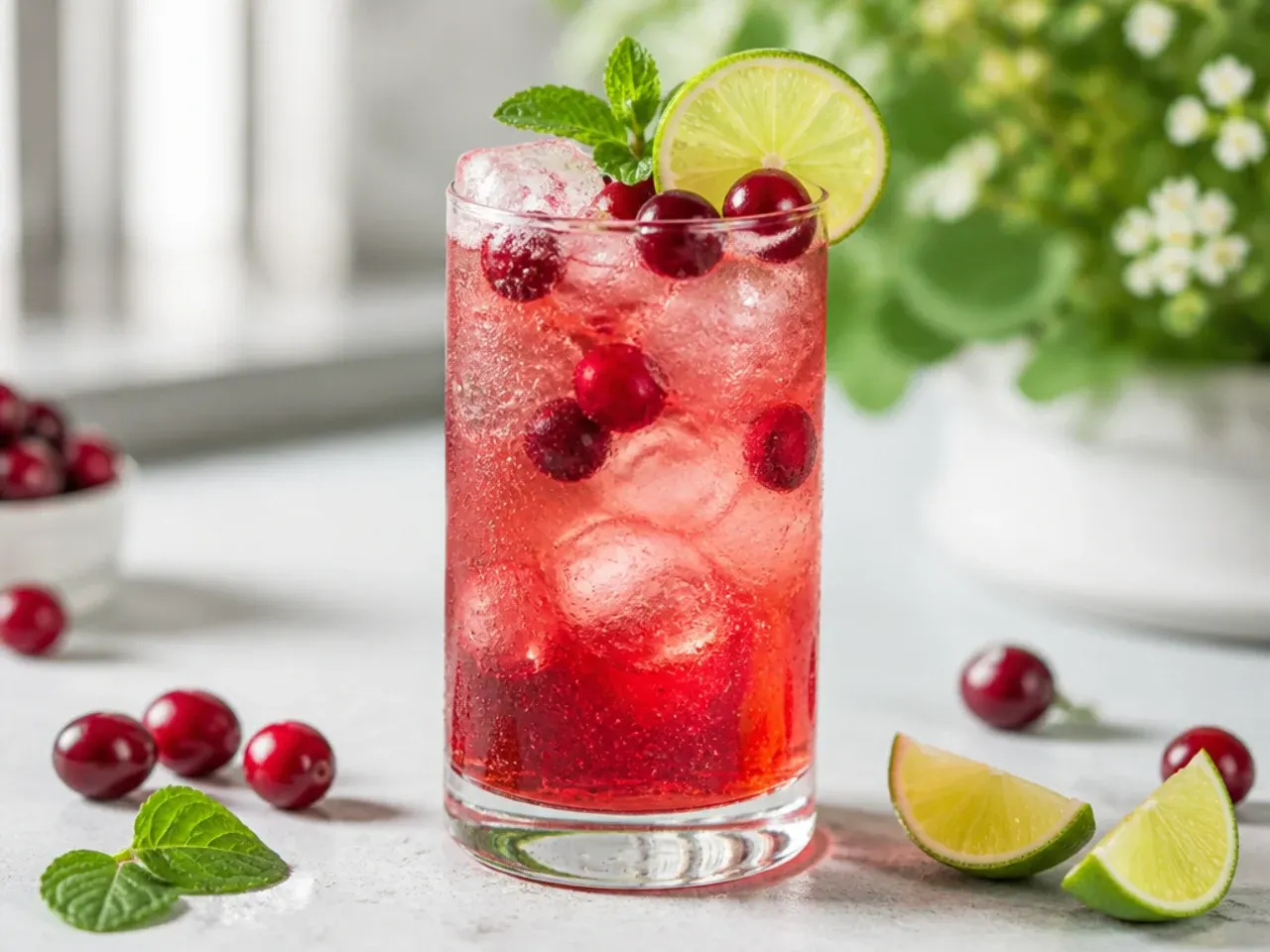 Sparkling cranberry lime mocktail in a glass with a lime wheel garnish