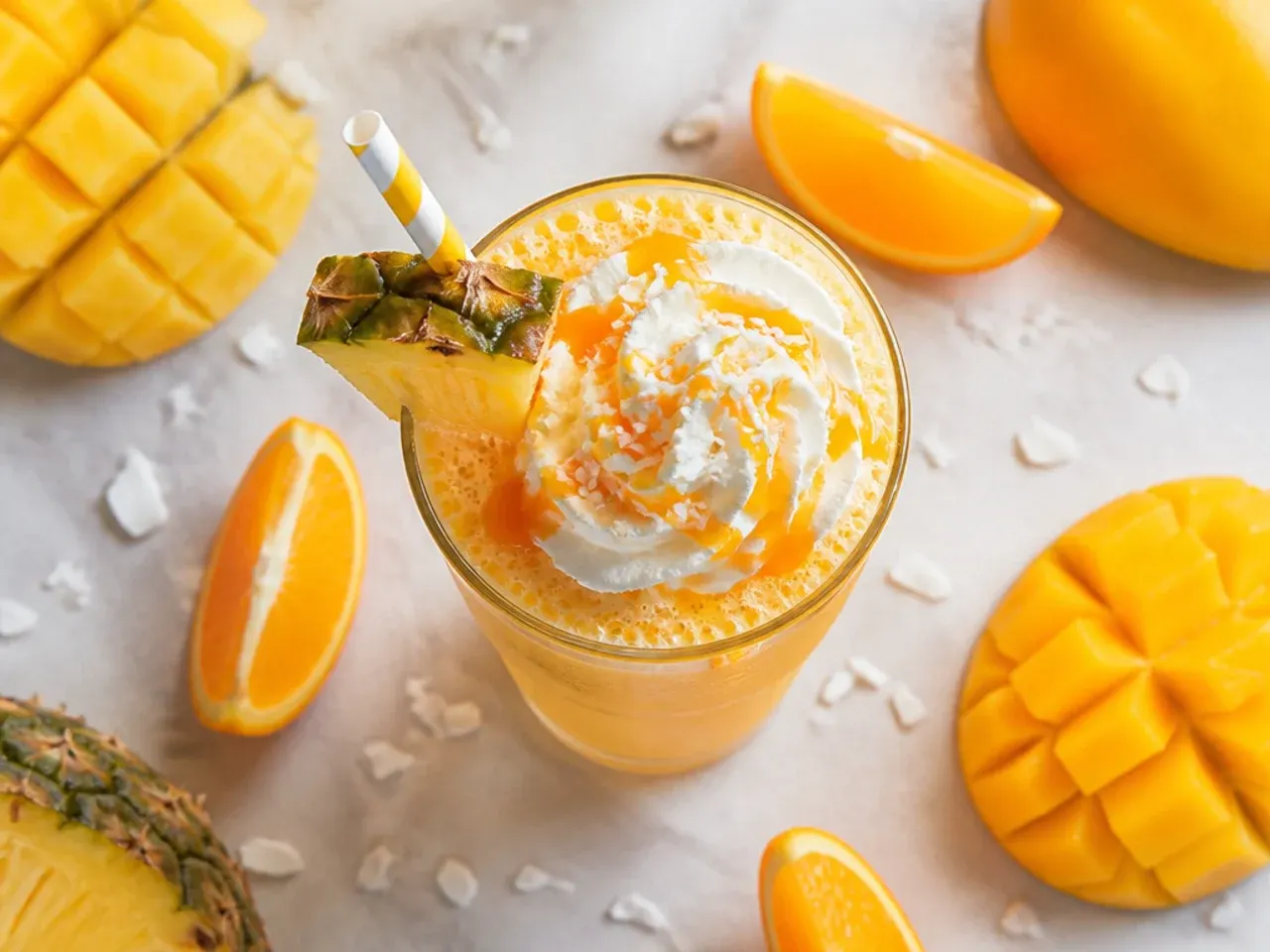 Tropical sunrise smoothie in a glass with a grenadine gradient at the base