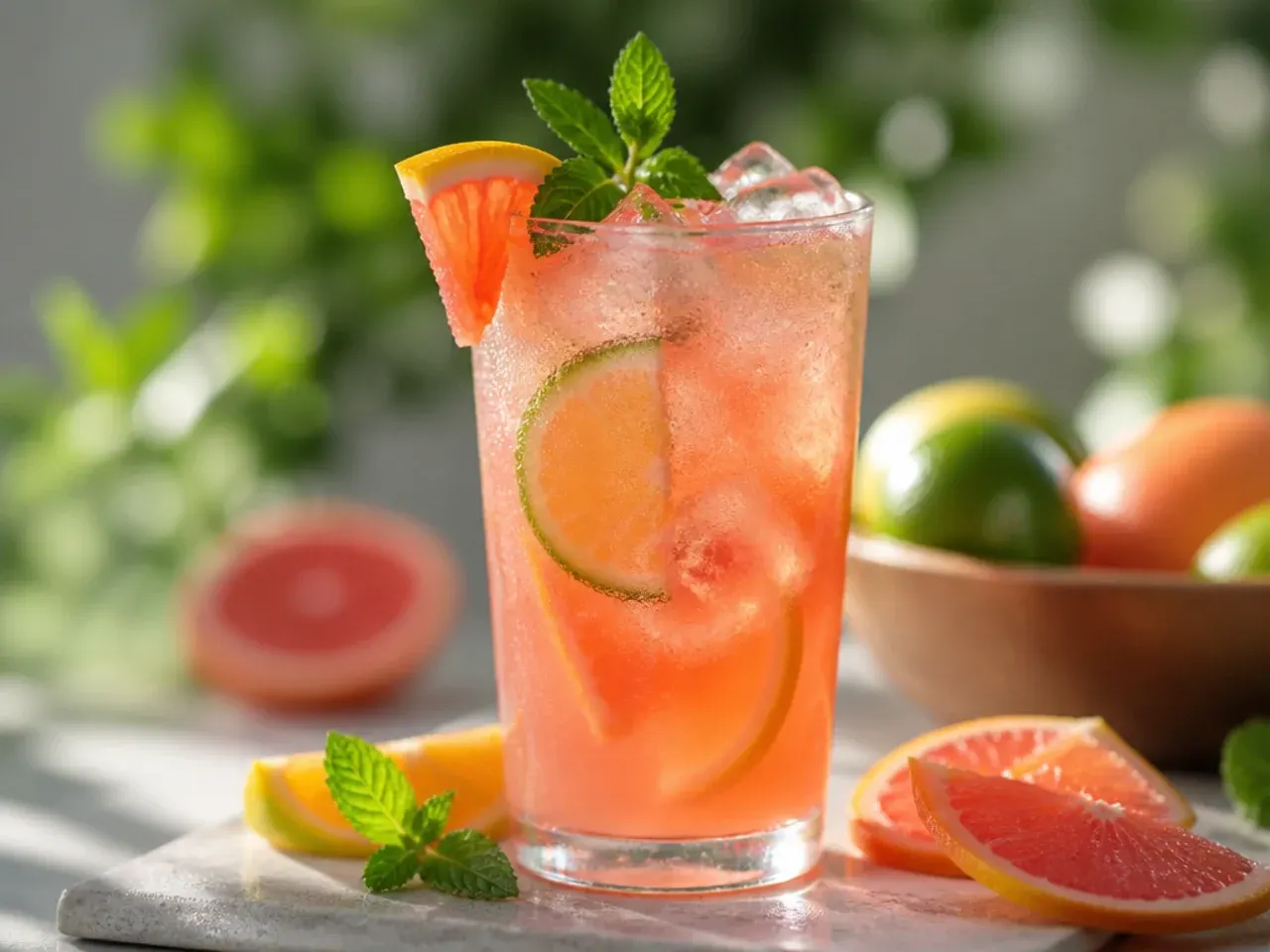 Party drinks table with garnish bowls of citrus, mint, and berries next to labelled pitchers