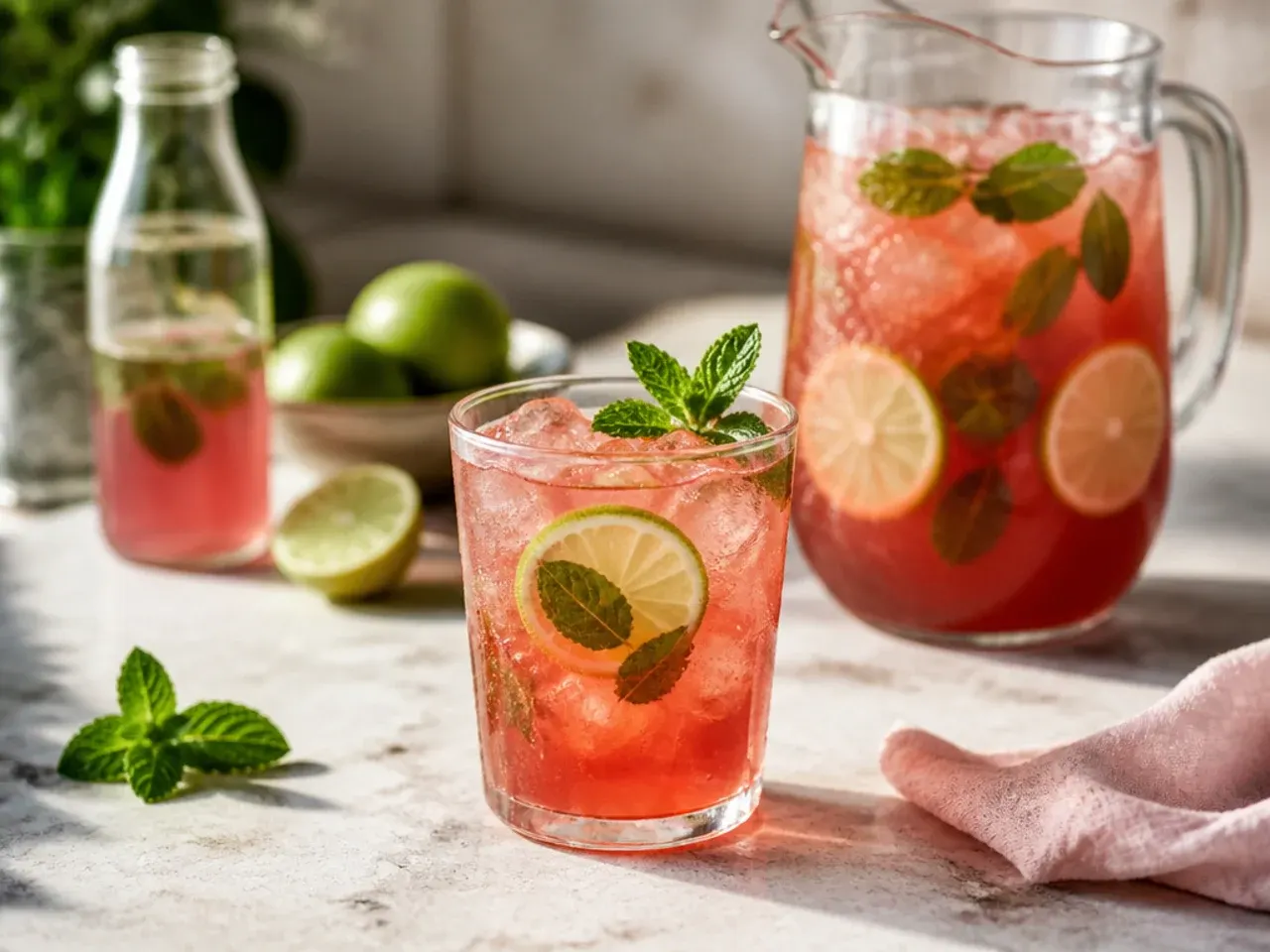 Slow cooker of spiced cider on a buffet table next to a pitcher of chilled punch