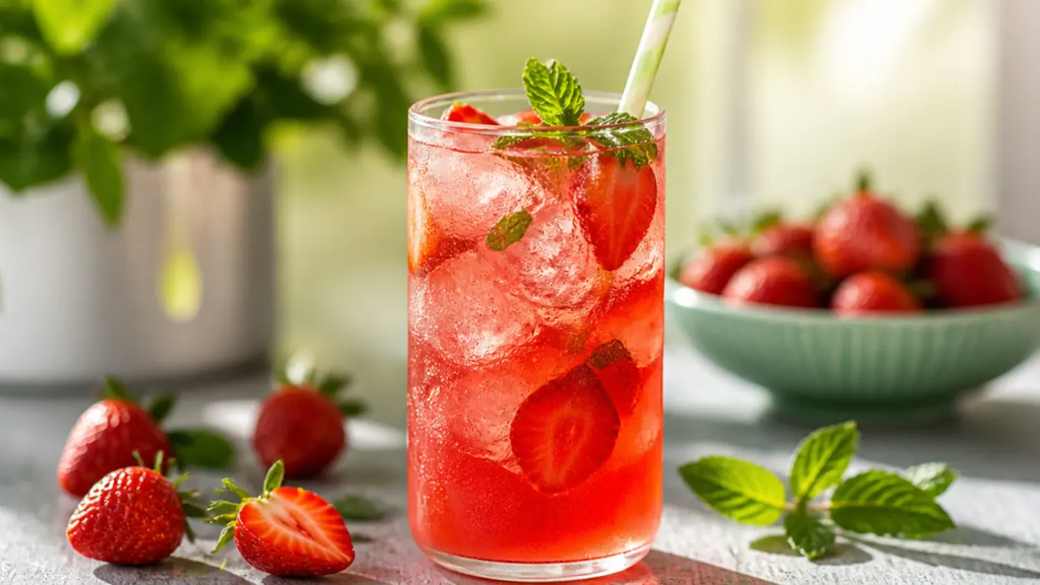 Four colourful non-alcoholic drinks recipes lined up on a wooden tray: a virgin mojito, a layered Shirley Temple spritz, a frosty pina colada and a citrus ginger spritzer, all garnished with fresh fruit.
