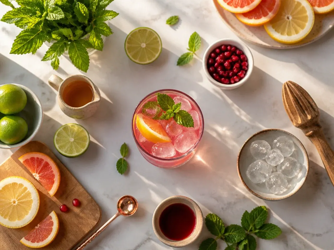 Bartender's hands muddling fresh mint leaves and lime in a chilled glass for a non-alcoholic drinks recipe