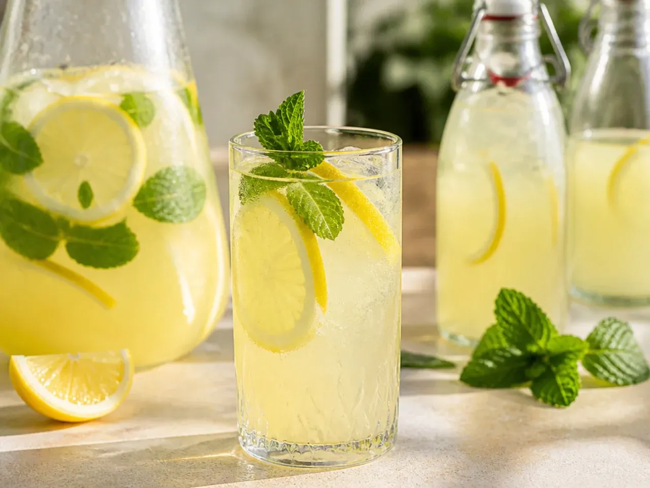 Self-serve mocktail bar with labelled jugs of syrup and juice, sliced fruit garnishes and glasses of ice for making non alcoholic drinks recipes