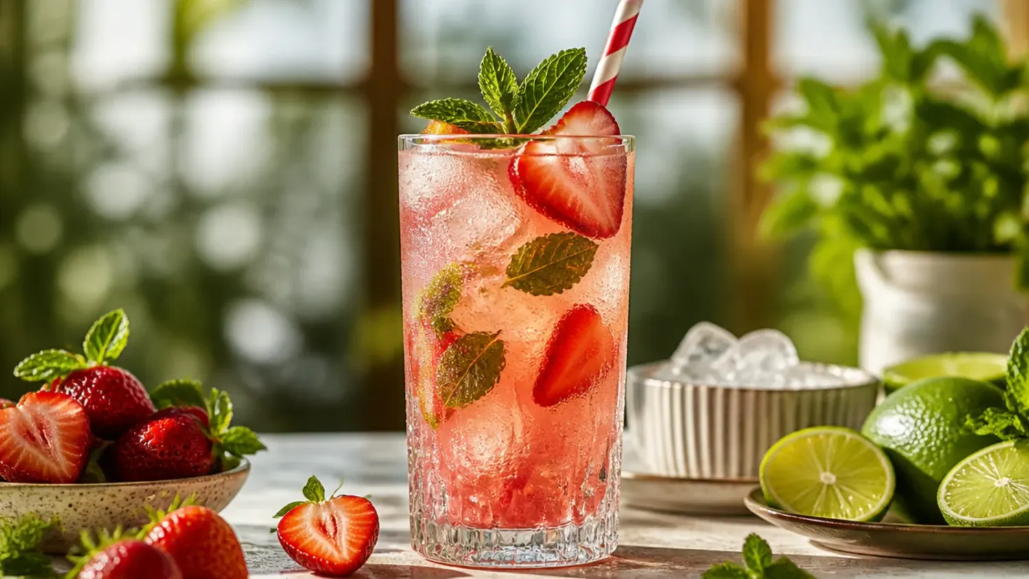 Overhead shot of a glass punch bowl filled with sparkling non alcoholic party drinks, garnished with citrus slices and mint