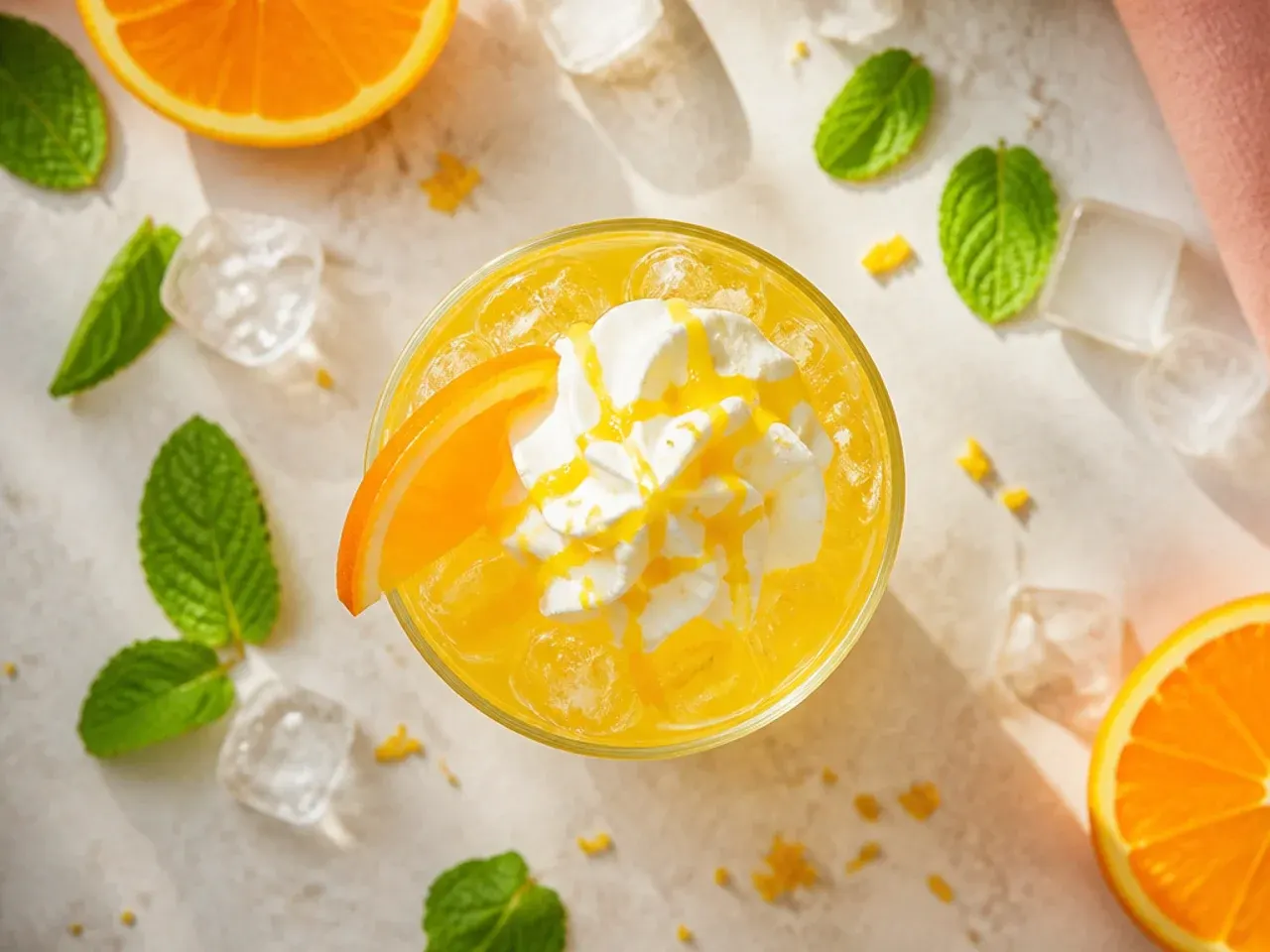 Pitcher of iced citrus sparkler with orange slices and ice
