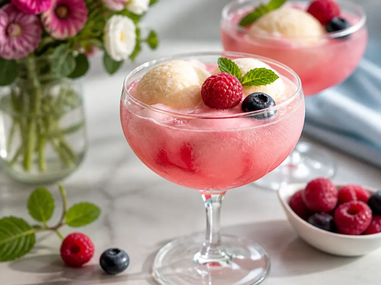 Glass punch bowl of classic sherbet party punch with a scoop floating on top