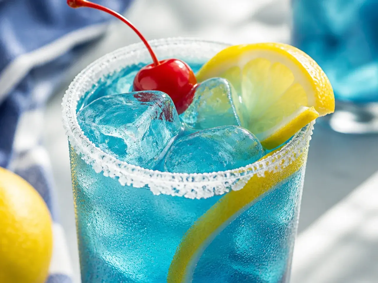 Bright blue copycat ocean water drink in a tall glass with ice