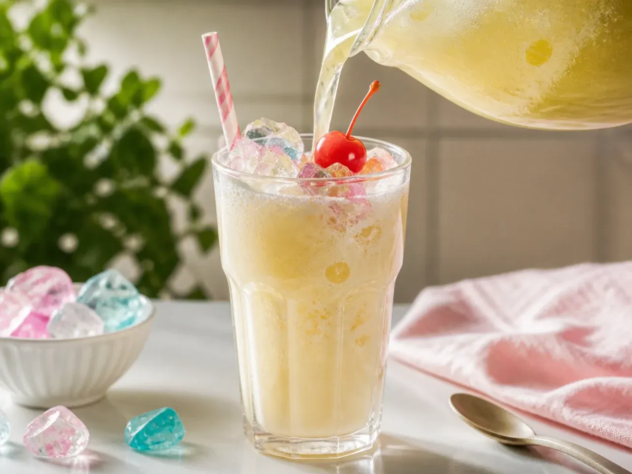 Foamy creamy vanilla cream soda punch in a punch bowl with scoops of ice cream
