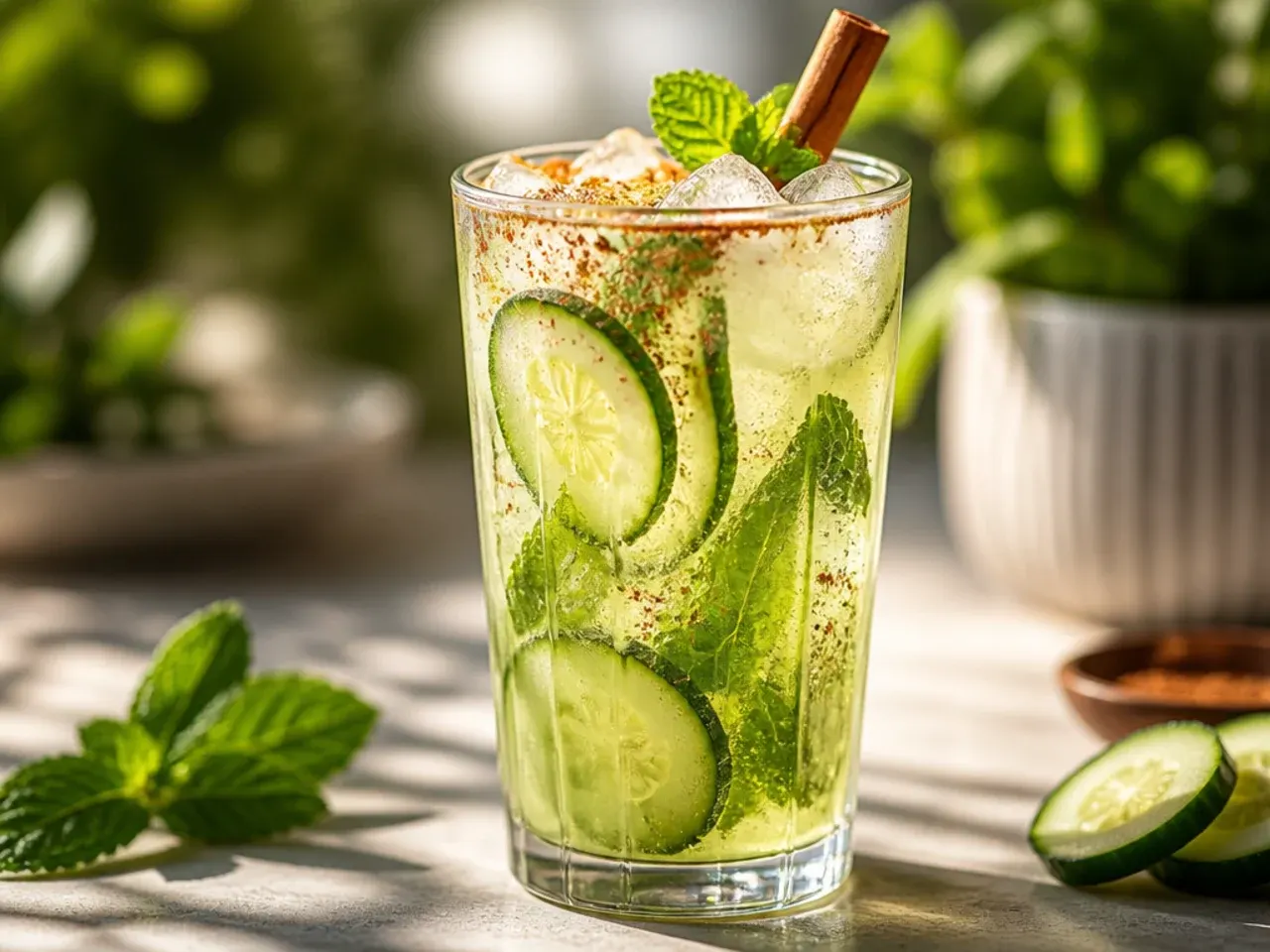 Pitcher of cucumber mint cooler with cucumber slices and mint sprigs
