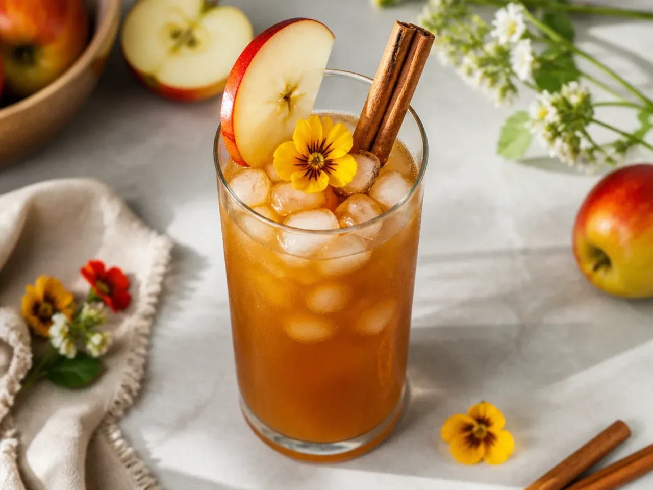 Mugs of warm spiced apple cider with cinnamon sticks and orange slices
