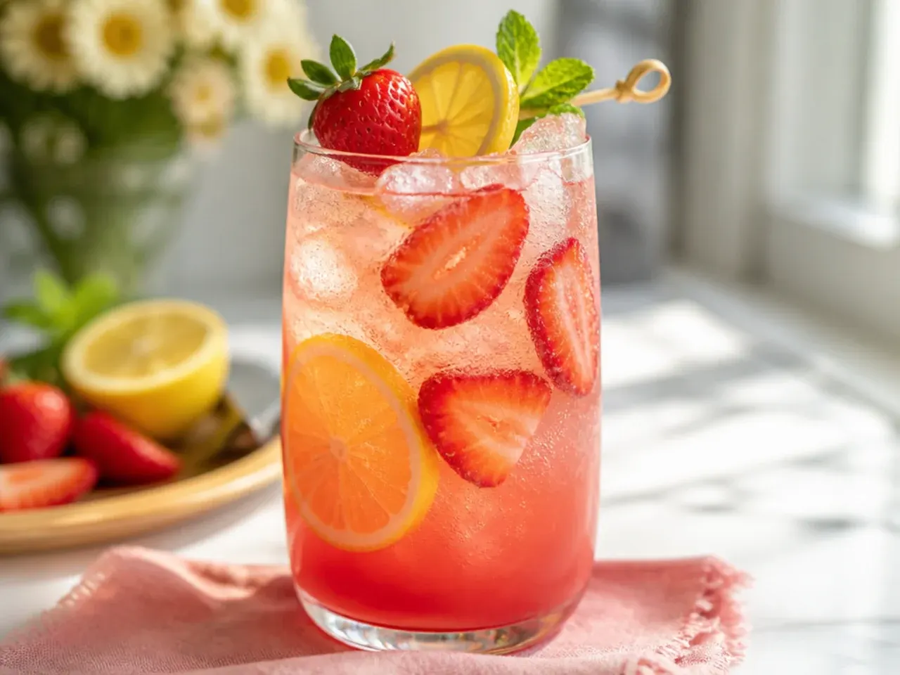 Glasses of sweet strawberry lemonade fizz topped with fresh strawberries