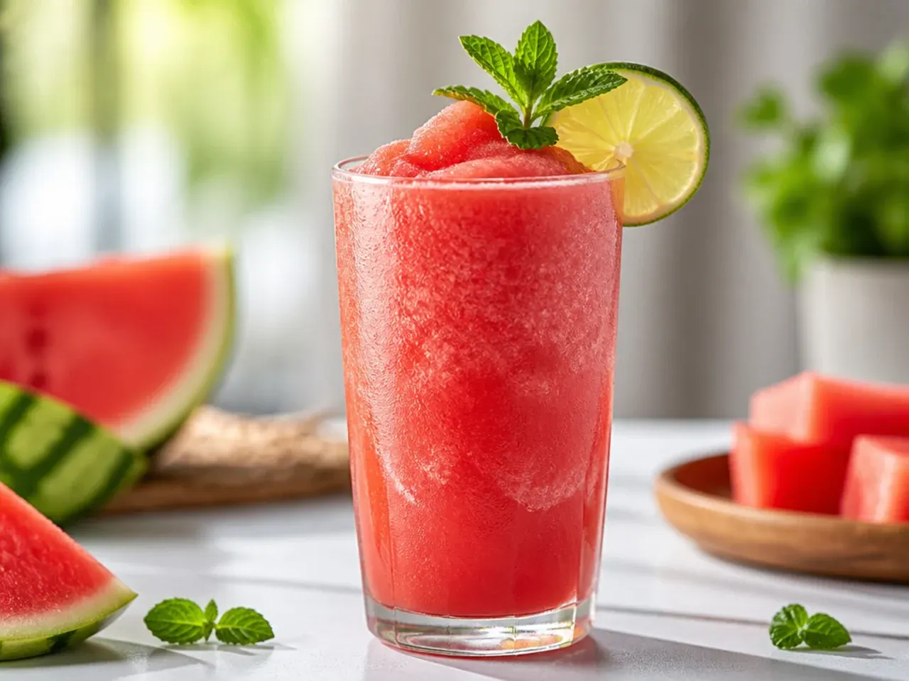 Bright pink frozen watermelon slush in a glass with a straw
