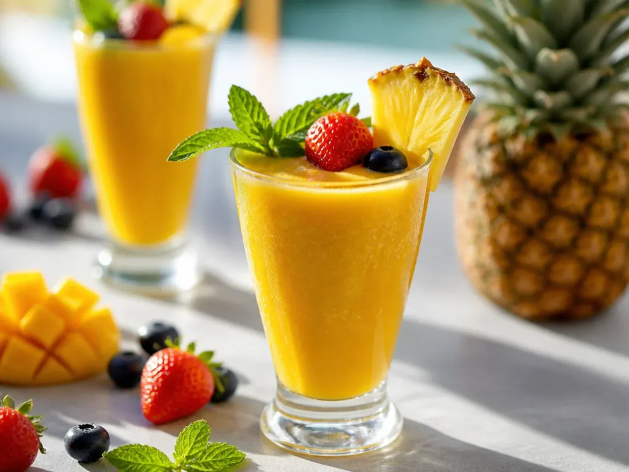Thick blended mango pineapple smoothie punch in small glasses