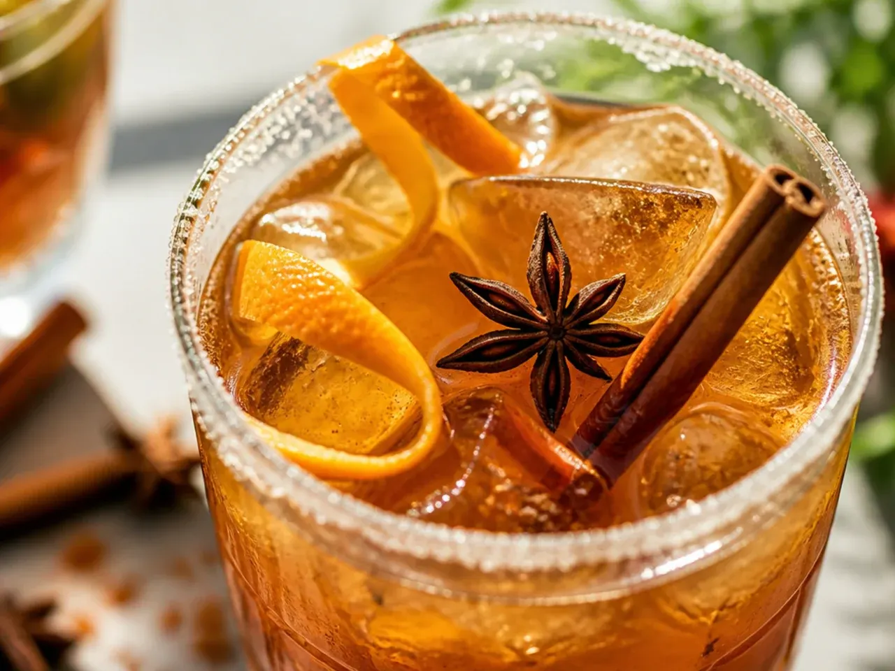 Spiced chai party punch served over ice with a cinnamon dusting
