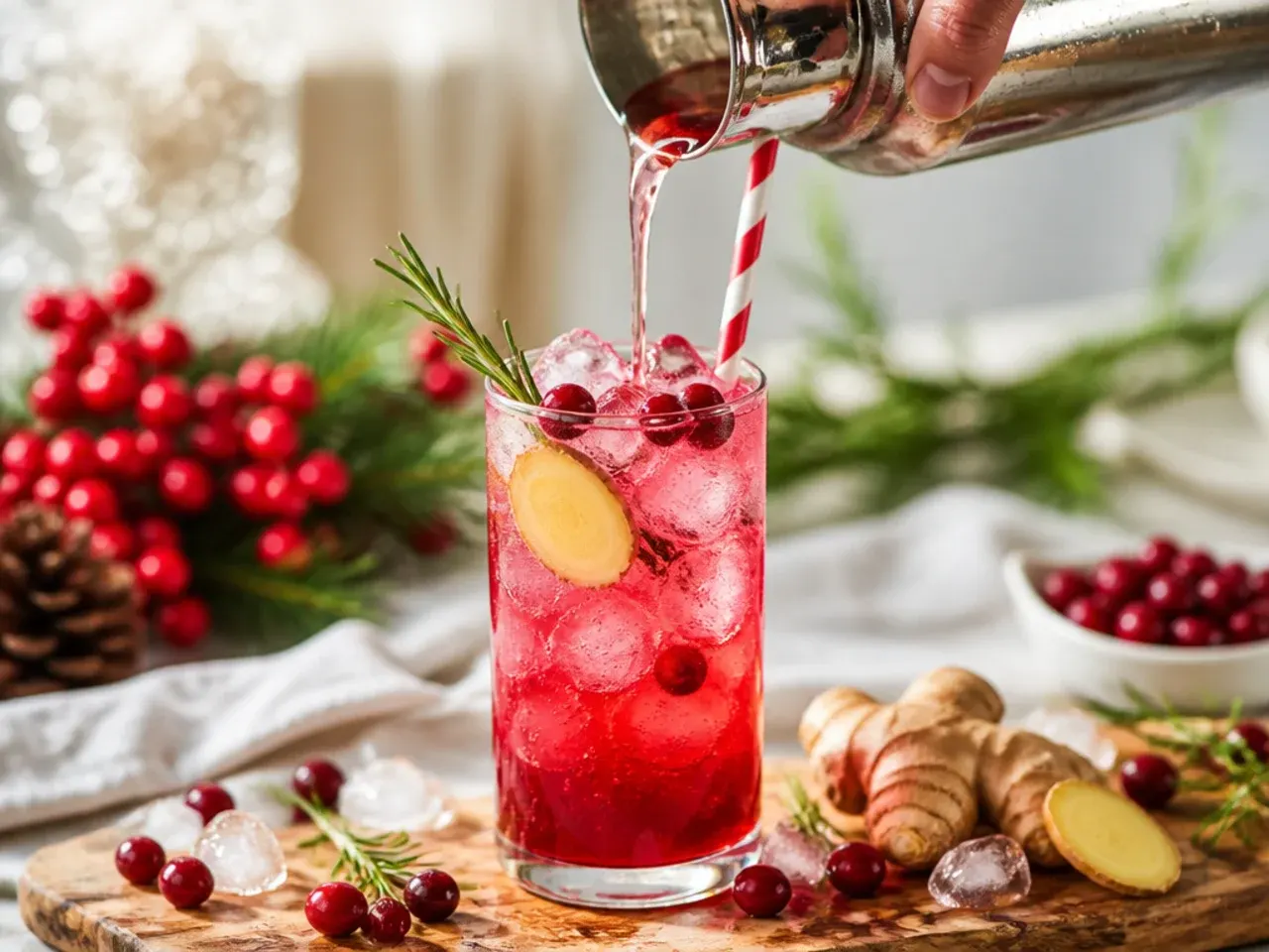 Festive cranberry ginger fizz punch with floating cranberries and orange slices