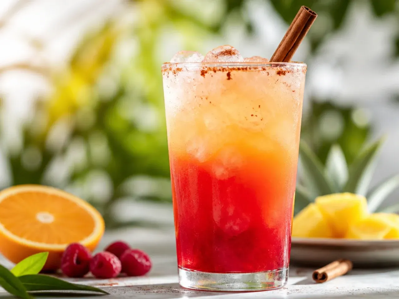 Glasses of layered sunset fruit punch showing distinct orange and yellow bands