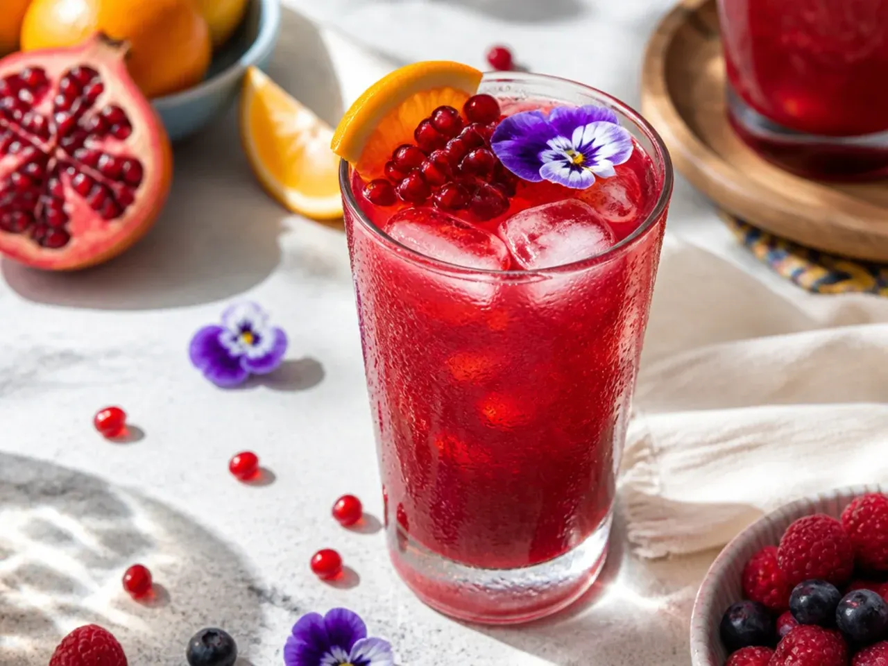 Deep red bold pomegranate berry punch in a glass dispenser with frozen berries
