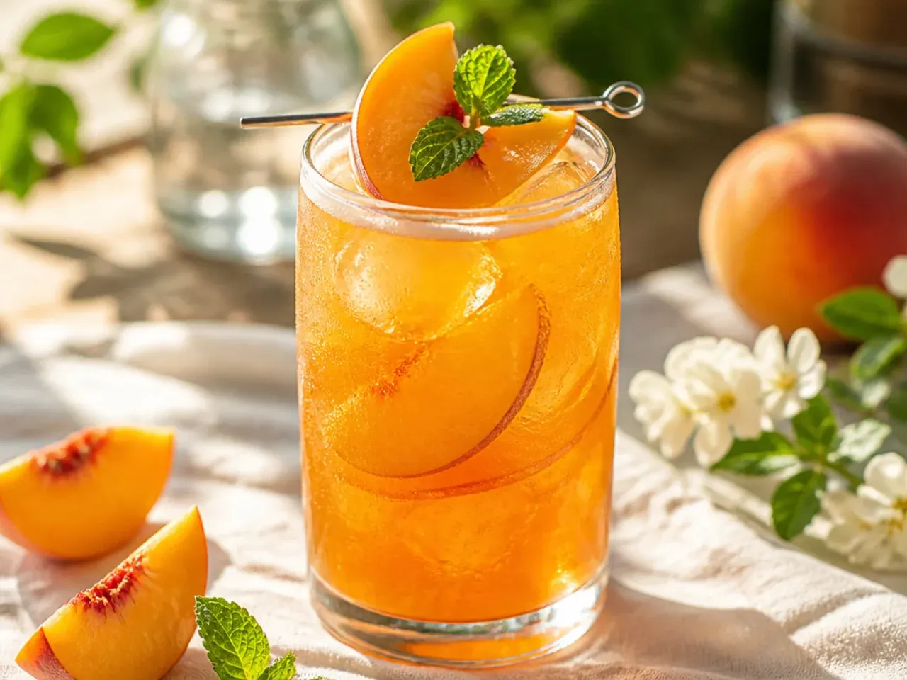 Pitcher of smooth peach iced tea punch with fresh peach slices