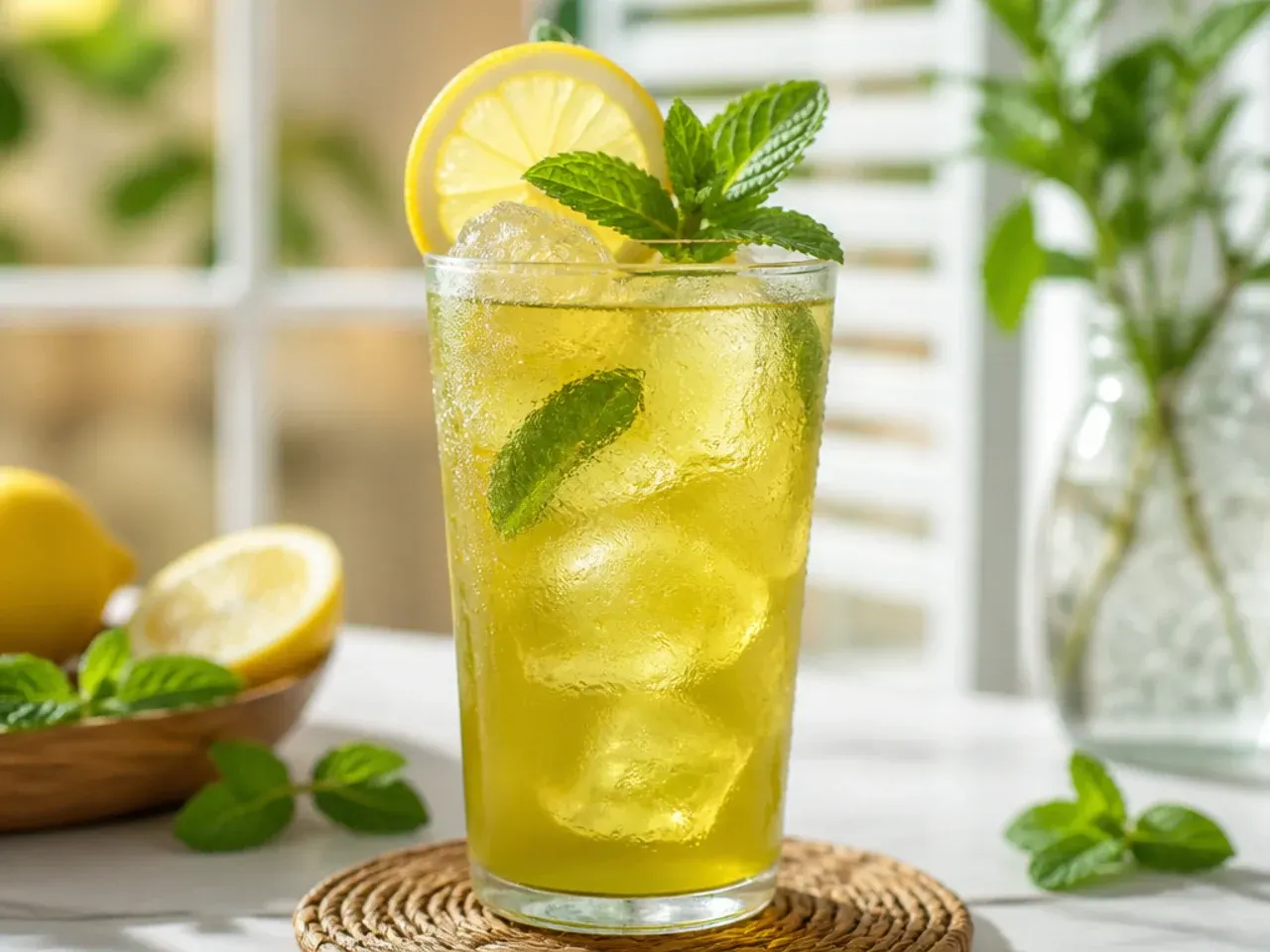 Glass of iced green tea lemonade with lemon slices and mint