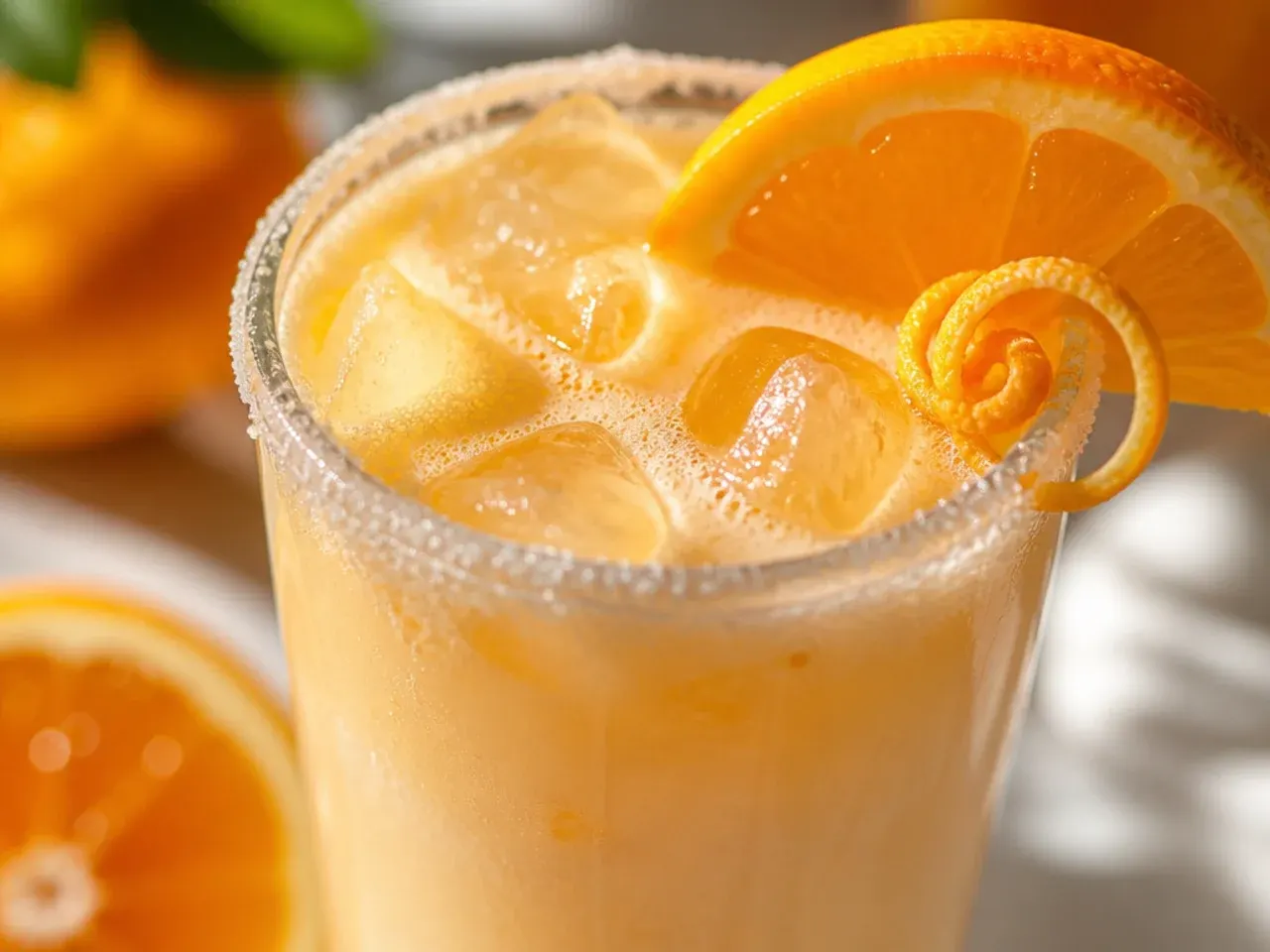 Frothy creamy orange Julius punch in glasses with a straw