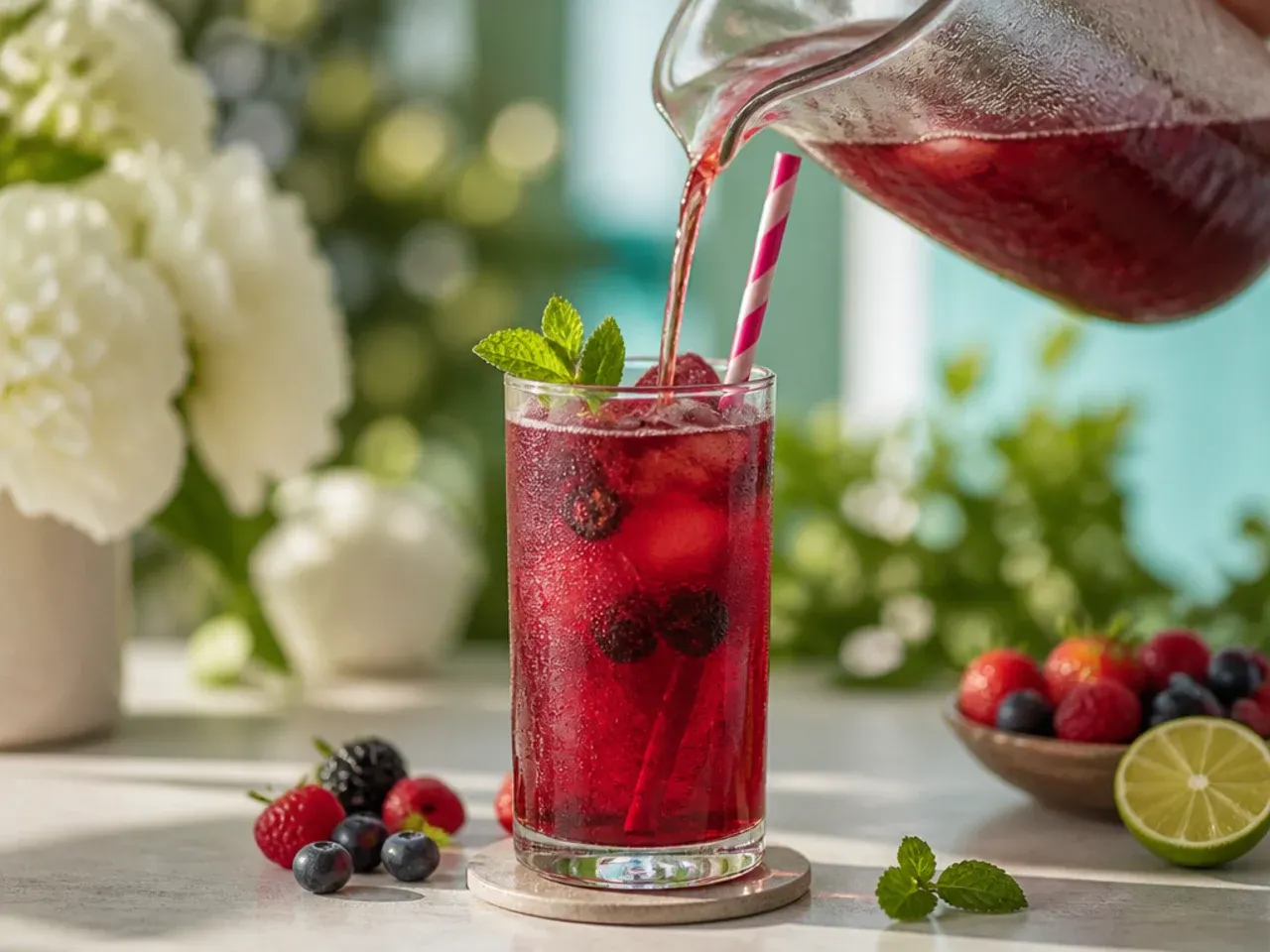 Pitcher of refreshing mixed berry agua fresca with whole berries floating