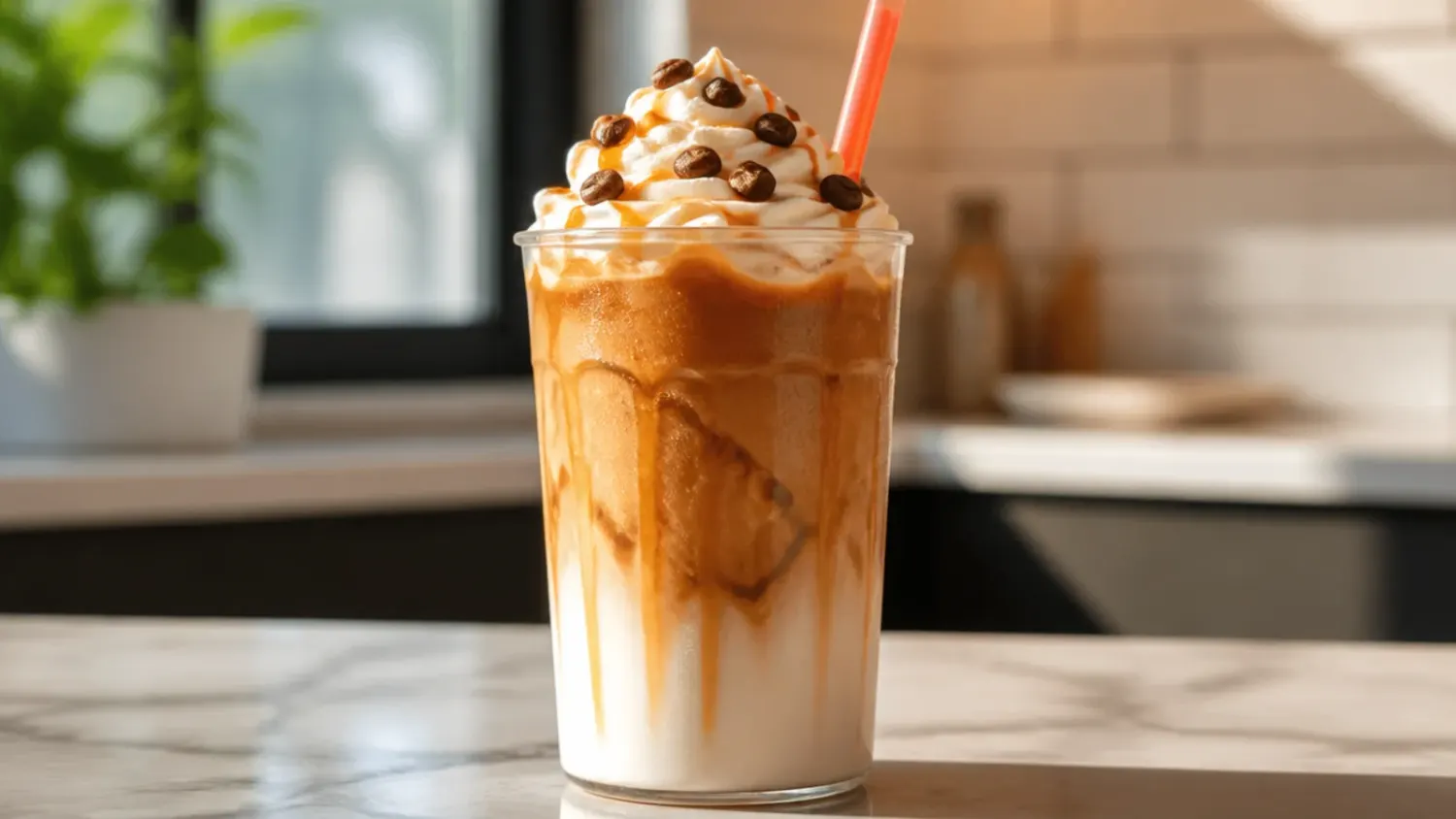 A colourful lineup of homemade non coffee Dunkin-style drinks including a pink refresher, iced chai latte and frozen hot chocolate, garnished with fresh fruit and ice