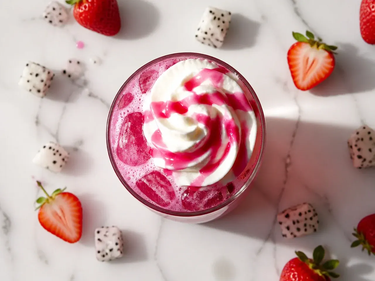 Iced Strawberry Dragonfruit Refresher in a tall glass with pink flecks of freeze-dried strawberry and fresh strawberry garnish
