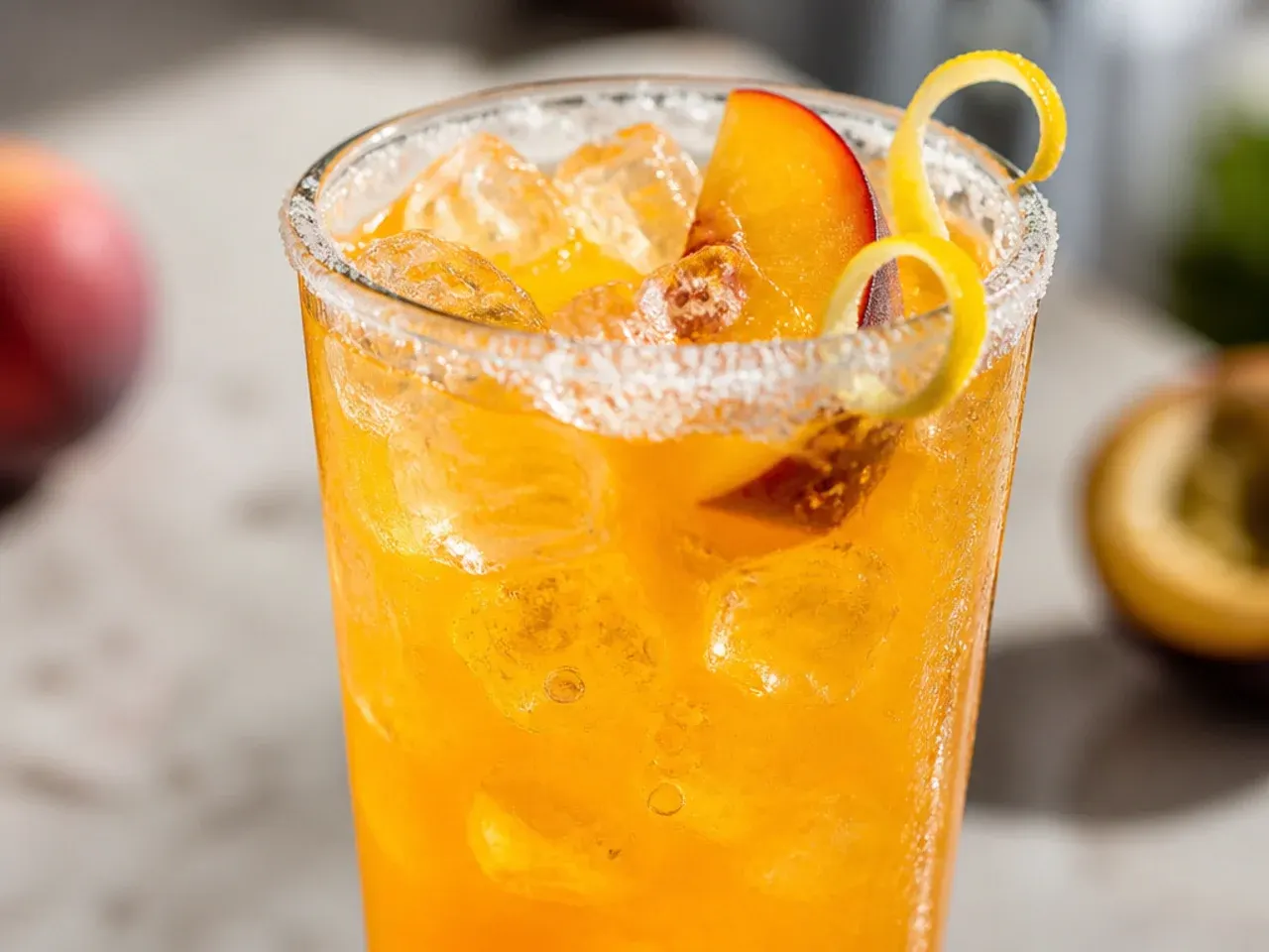 Copycat Peach Passionfruit Refresher in a glass with frozen peach slices and ice