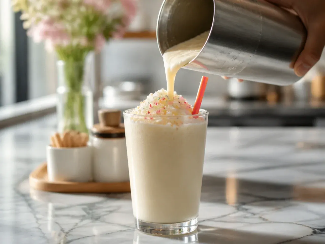 Creamy Vanilla Bean Coolatta in a plastic cup topped with whipped cream and visible vanilla flecks