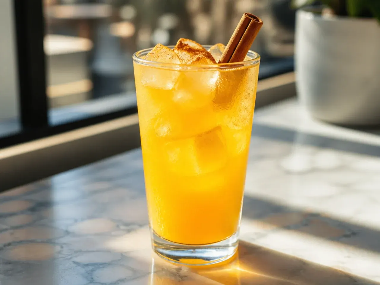 Refreshing Mango Pineapple Refresher in a glass with crushed ice and a pineapple wedge garnish