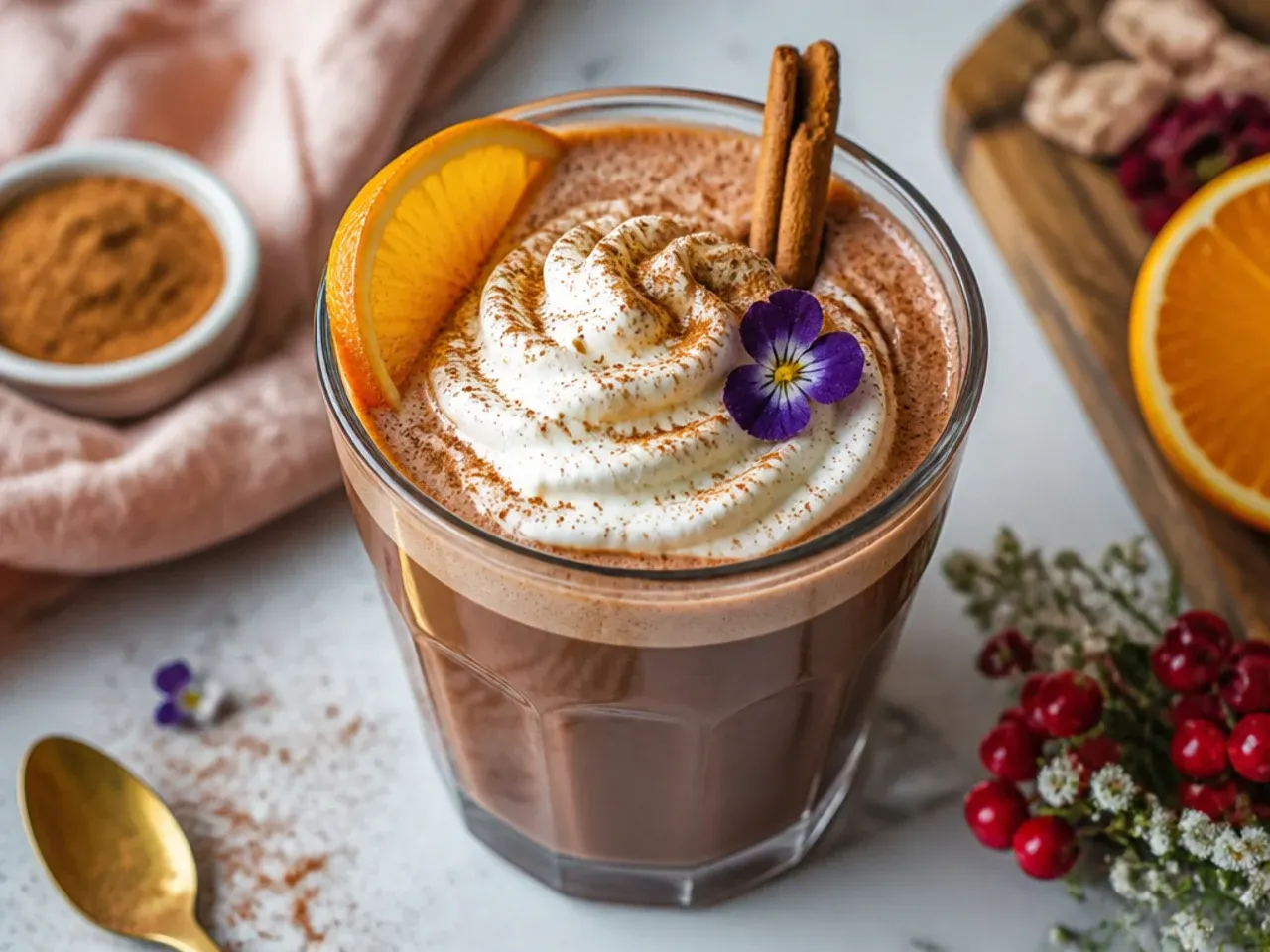 Cozy Cinnamon Hot Chocolate in a mug with whipped cream and a cinnamon dusting on top