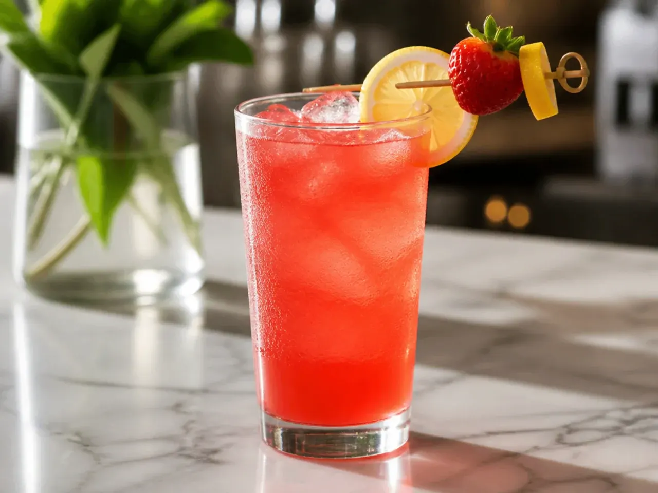 Sweet Strawberry Lemonade Refresher in a glass layered pink and yellow with fresh strawberry slices