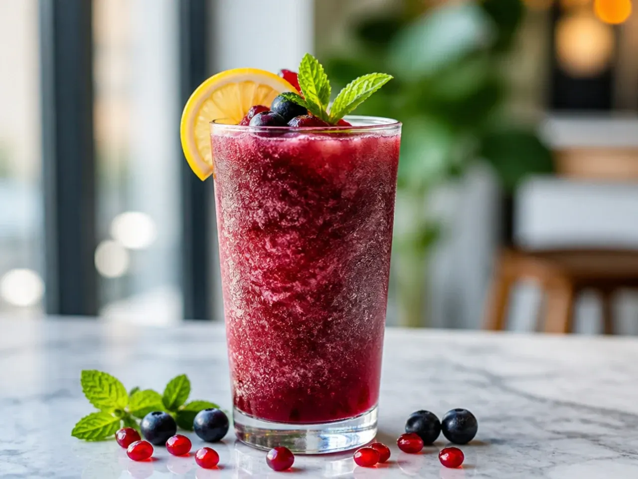 Frozen Blueberry Pomegranate Slush in a glass with a wide straw, deep purple in colour