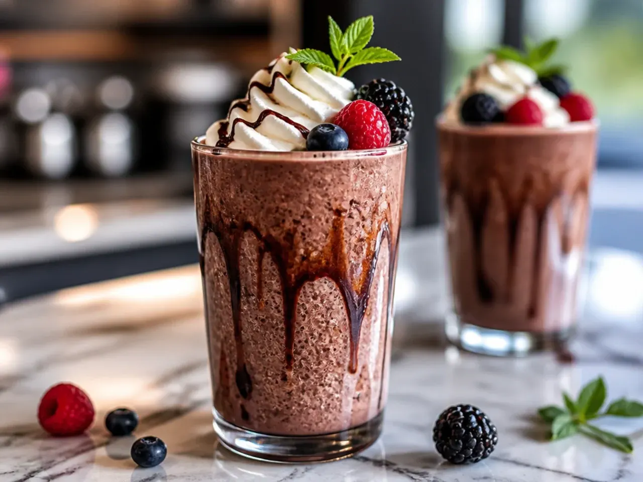 Blended Frozen Hot Chocolate in a tall glass topped with whipped cream and chocolate shavings