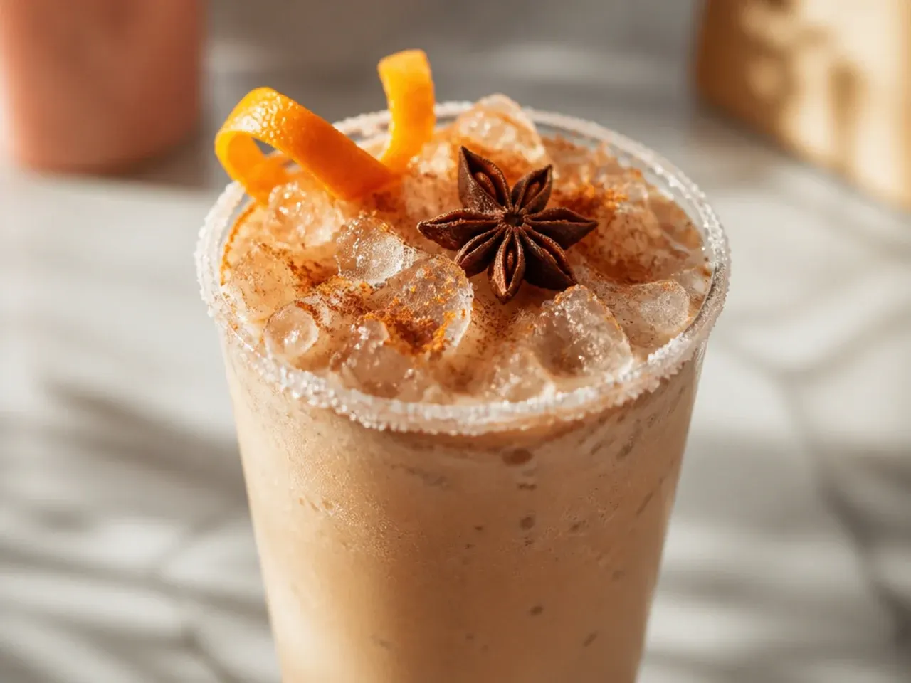 Spiced Chai Coolatta in a frosted glass with visible cinnamon flecks throughout