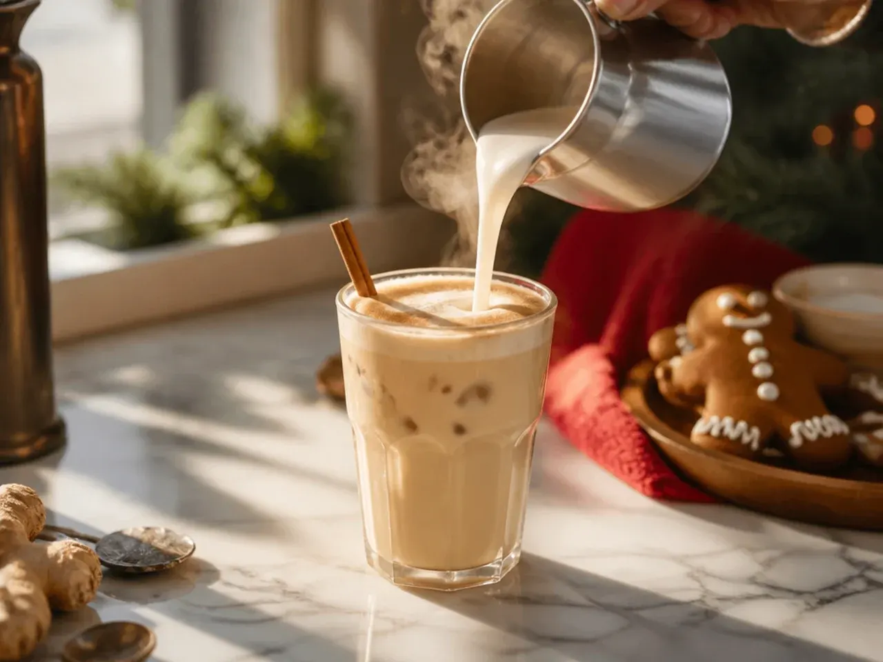 Festive Gingerbread Steamer in a mug with milk foam and a dusting of nutmeg on top
