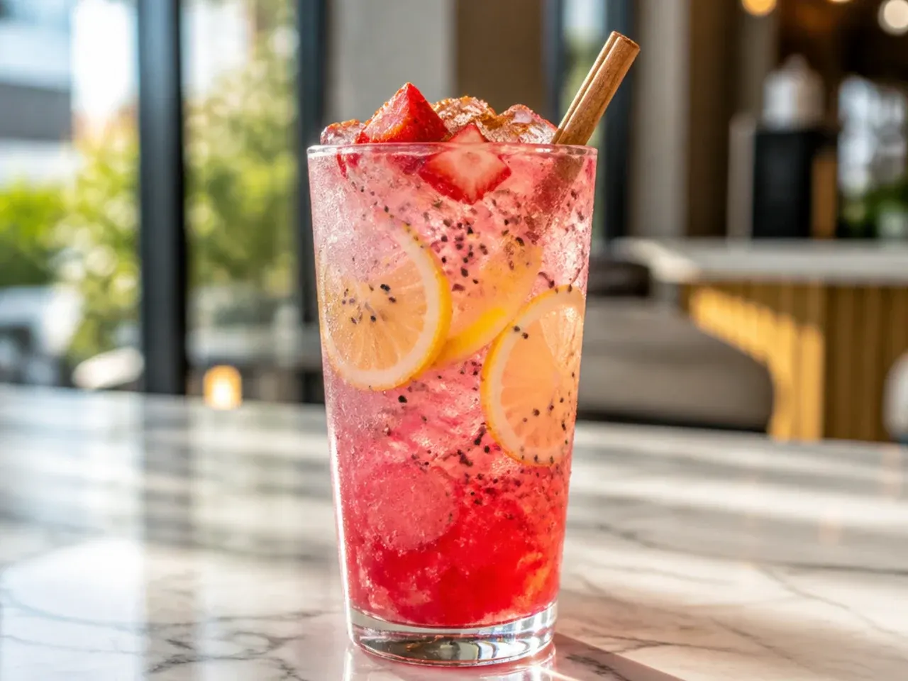 Layered Strawberry Dragonfruit Lemonade in a tall glass showing distinct pink and yellow layers