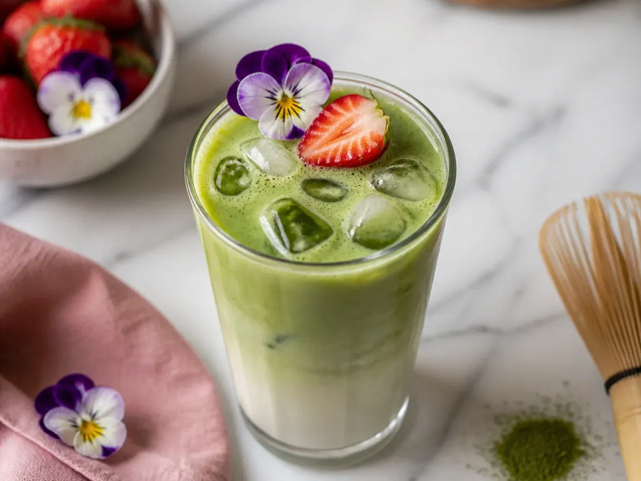 Bold Matcha Green Tea Latte in a glass showing a vivid green top layer over milk