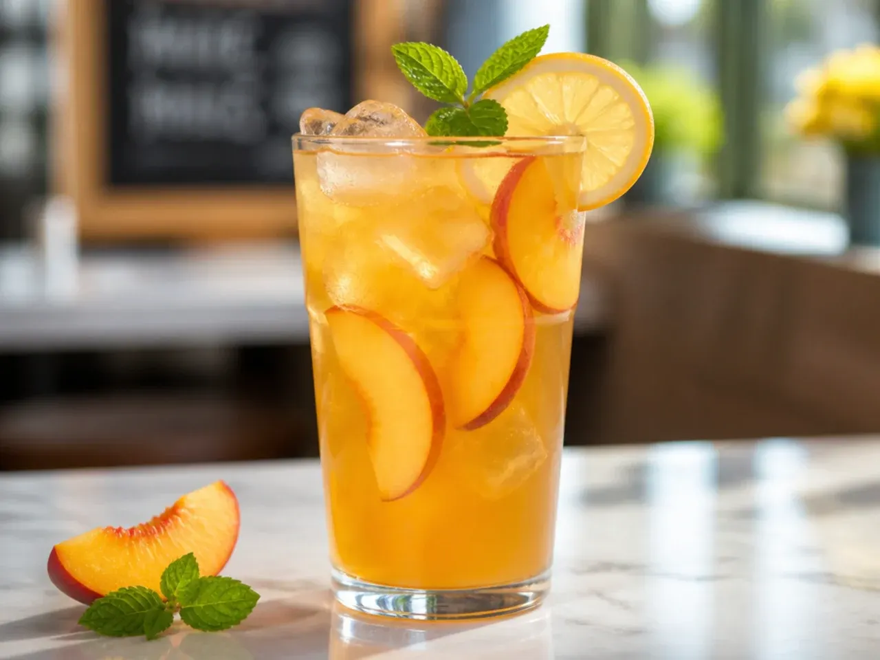 Iced Peach Green Tea Refresher in a glass with a light golden colour and lemon wheel garnish