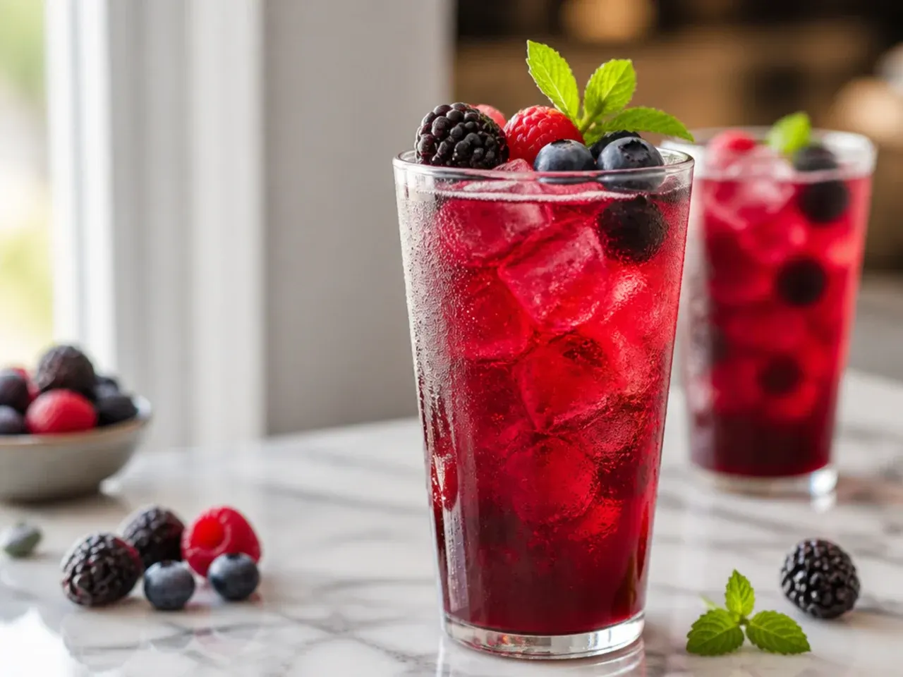 Copycat Mixed Berry Hibiscus Refresher in a glass with a deep red colour and floating fresh berries