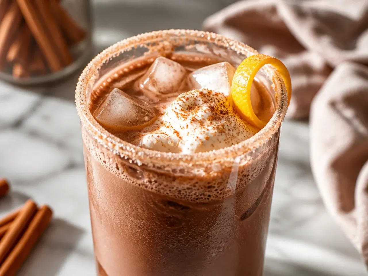 Creamy Snickerdoodle Hot Chocolate in a mug with a cinnamon-sugar rim and whipped cream