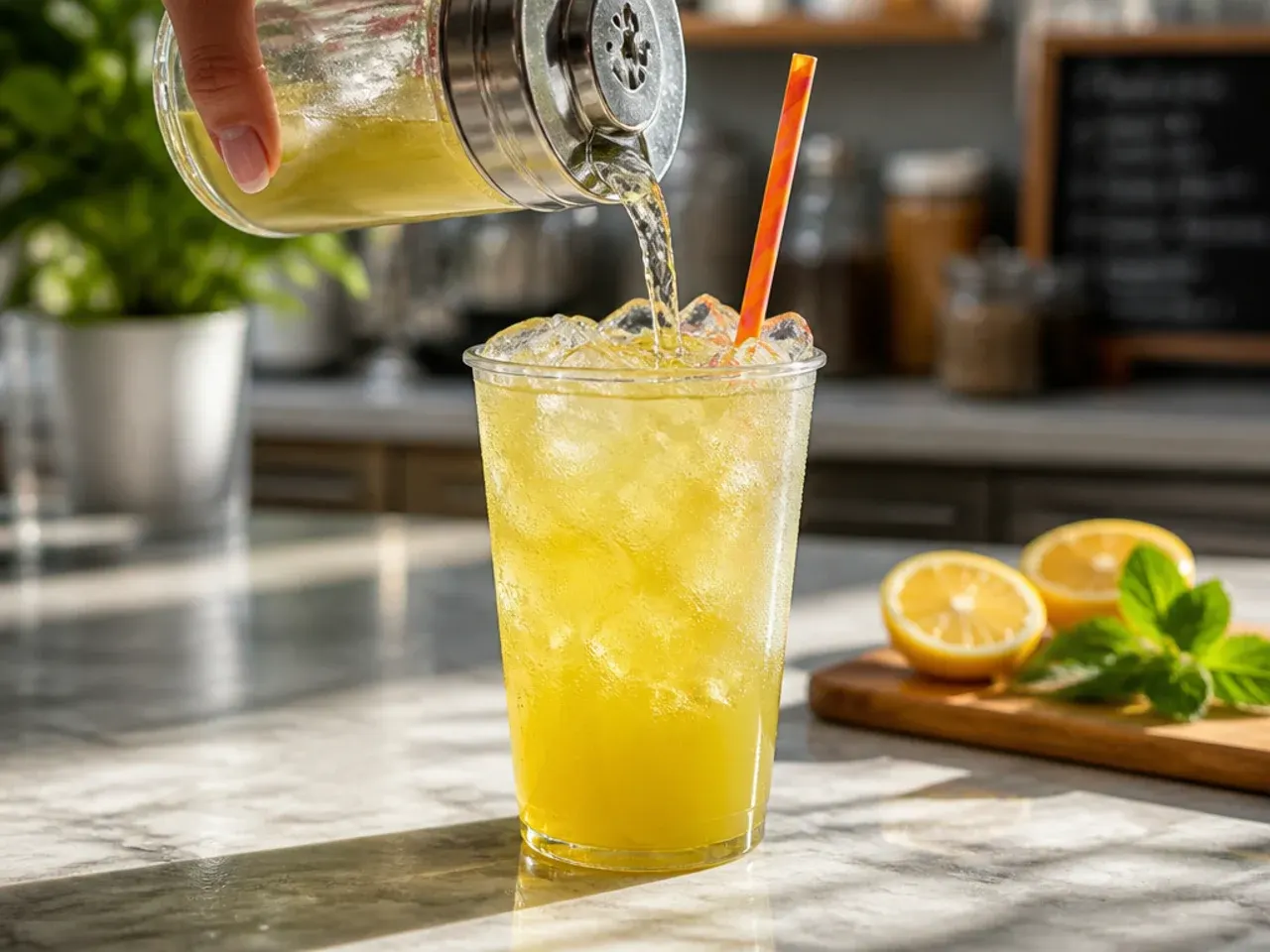 Refreshing Lemonade Green Tea Splash in a pitcher and glass with mint leaves and lemon slices