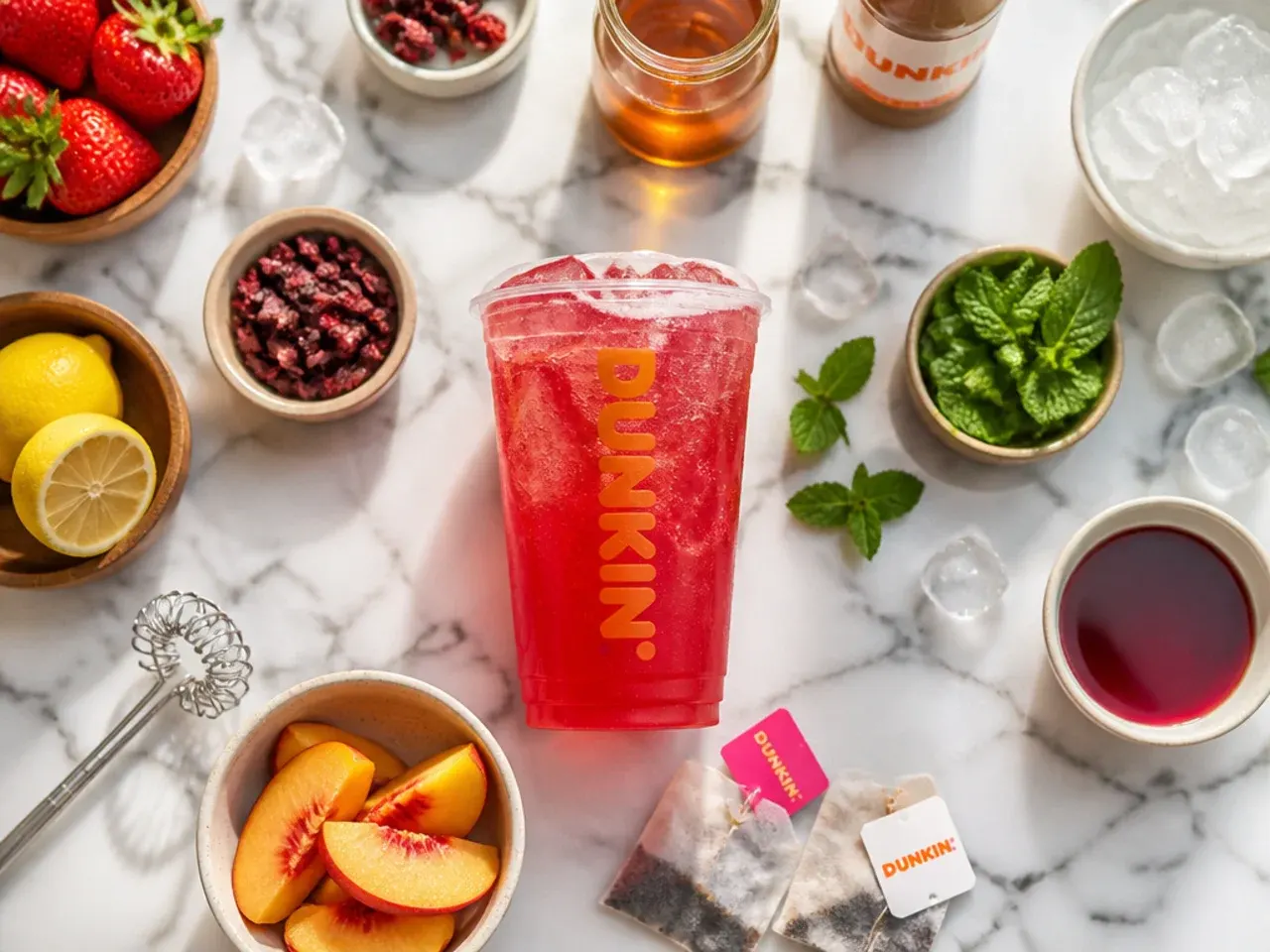 Close-up of hands shaking a cocktail shaker filled with tea and ice for a homemade Dunkin-style refresher