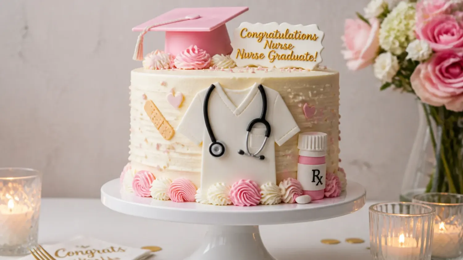 A tiered nurse graduation cake decorated with a white piped nurse cap, red fondant cross, and gold caduceus topper