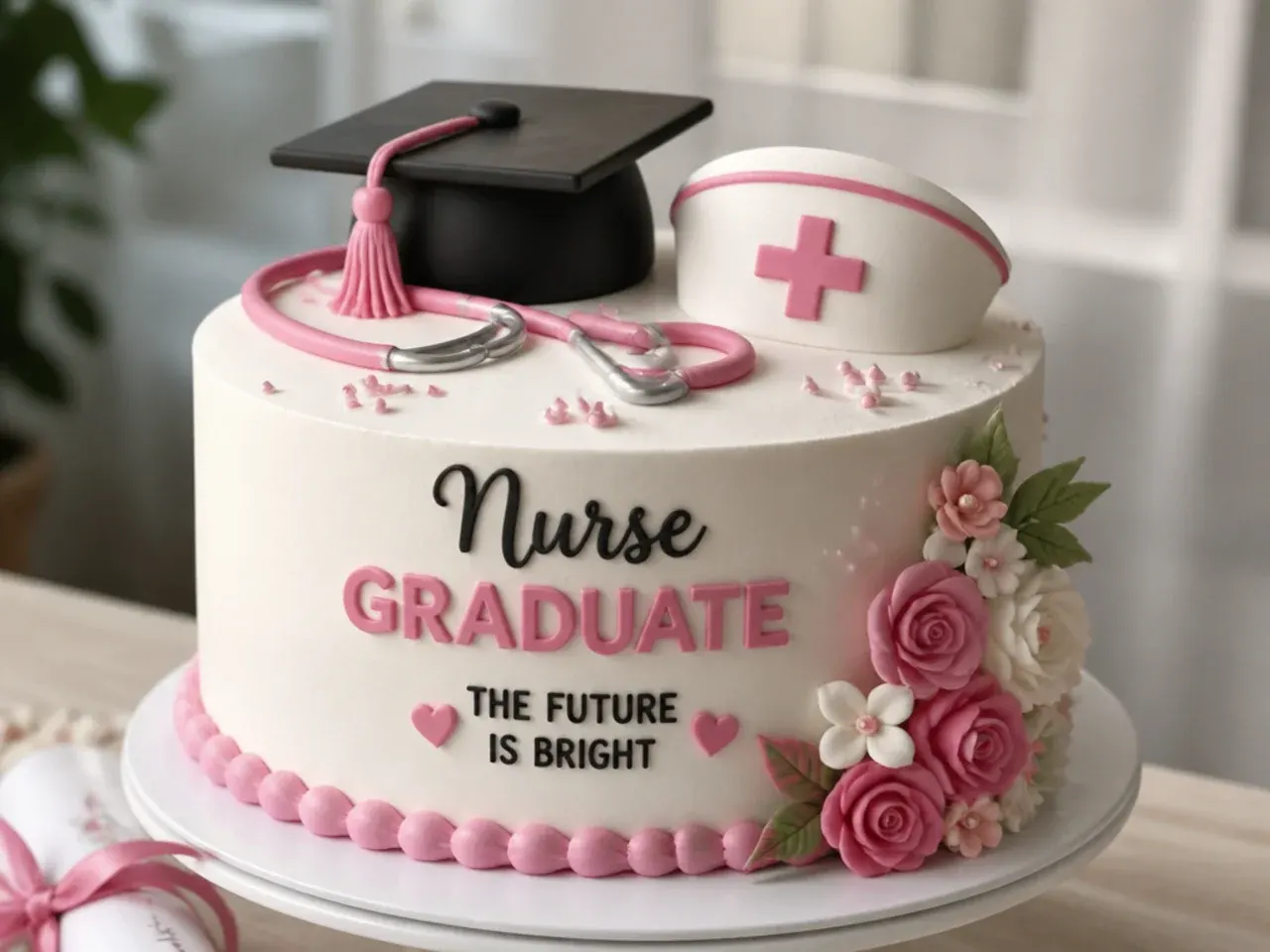 Overhead view of a nurse graduation cake surrounded by piping tips, fondant tools, and gel food colours